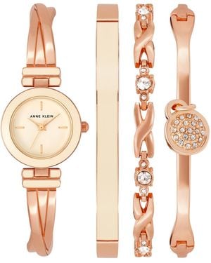 Anne Klein Quartz Pink And Rose Gold-tone Metal Alloy Bangle Watch Set