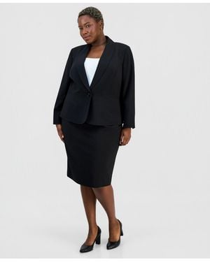 Le Suit Plus Size Shawl-collar One-button Jacket & Yoked Slim Skirt Suit - Blue