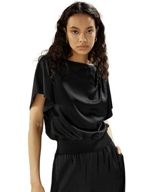LILYSILK Short Rippled Batwing Sleeves Silk Shirt - Black