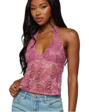Edikted Butterfly Sequin Backless Halter Top - Red