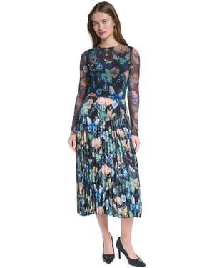 KARL LAGERFELD Printed Mesh Long-sleeve Crewneck Dress - Blue