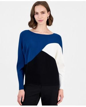 Tahari Colorblock Ribbed-knit Crewneck Pullover - Blue