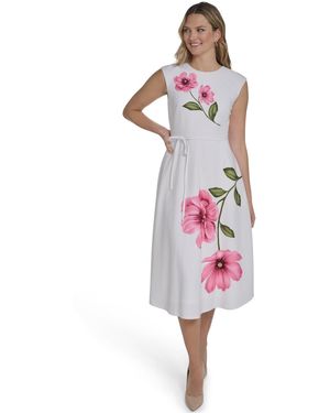 Jessica Howard Petite Extended Cap Belted Jewel Neck Midi Dress - Pink
