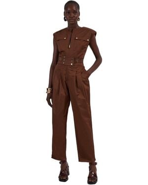 Karen Millen Cotton & Faux Leather Utility Jumpsuit - Brown