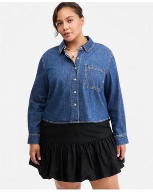 On 34th Trendy Plus Size Long-sleeve Cropped Denim Shirt - Blue