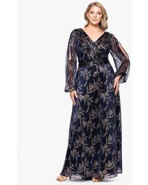 Betsy & Adam Plus Size Foil Crink Long Sleeve A-line Dress - Blue