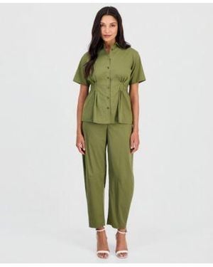 Anne Klein Side Pleat Button Front Shirt Pull On Barrel Leg Ankle Pants - Green