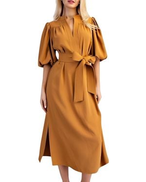 Modenaire Belted Puff Sleeve Midi Dress - Brown