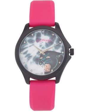 Ed Hardy Quartz Silicone Strap Analog Watch 38mm - Pink