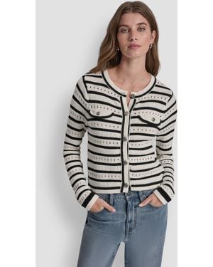 DKNY Petite Long-sleeve Crewneck Pointelle Cardigan - Multicolor