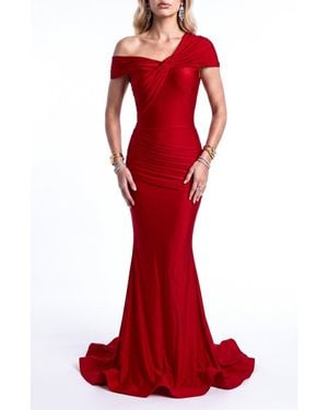 Jessica Angel One Shoulder Twist Ruched Mermaid Evening Gown - Red