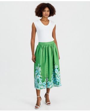 Tahari Placed Floral Midi Skirt - Green