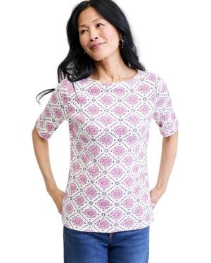 Style & Co. Petite Printed Elbow Sleeve Boatneck Top - White