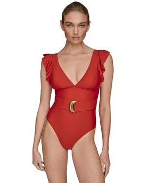 Donna Karan Belted Flutter-sleeve One-piece Swimsuit - Red
