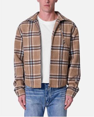 MNML Plaid Flannel Front Zip Jacket - Brown