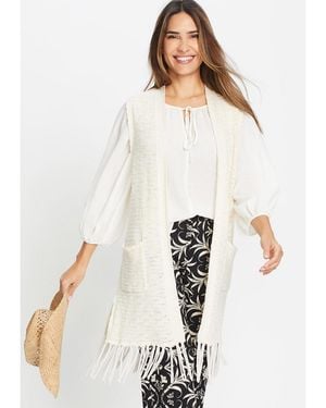 Olsen Longline Fringe Trim Vest - White