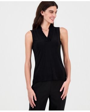 Anne Klein Sleeveless Smocked V-neck Top - Black