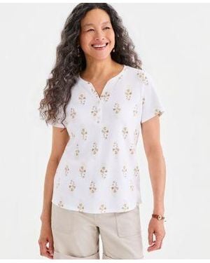 Style & Co. Style Co Printed Short Sleeve Henley Top Macys Exclusive - White