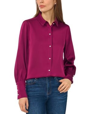 Cece Luxe Satin Imitation Pearl Button Down Blouse - Red