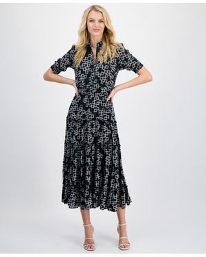 Tahari Printed Collared Midi Dress - Blue