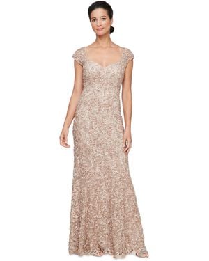 Alex Evenings Long Soutache Embroidered Dress With Sweetheart Neckline (Champagne) Dress - Metallic