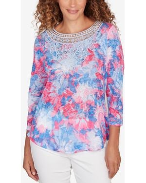 Ruby Rd. Petite Embellished Floral Sublimation 3/4 Sleeve Top - Blue