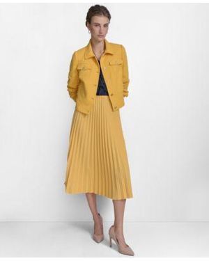 Tommy Hilfiger Boucle Trucker Jacket Ruffled Blouse Pleated Pull On Midi Skirt - Metallic