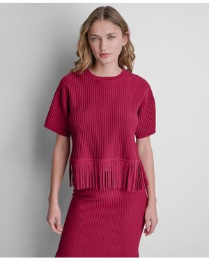 DKNY Fringe Crewneck Sweater Top - Red