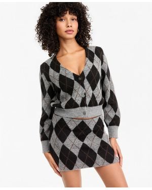 BarIII Argyle Cropped V-neck Cardigan - Gray