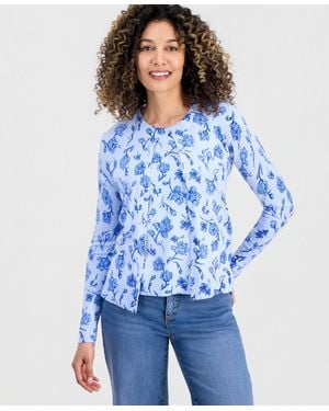 Style & Co. Petite Poetic Floral Button-up Cardigan Sweater - Blue