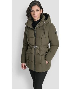 DKNY Belted Hooded Puffer Coat - Green