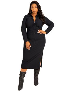 Buxom Couture Plus Size Tech Knit Bodycon Ruched Shirt Dress - Black