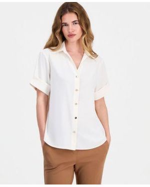 Anne Klein Essentials Button Front Short Sleeve Top - White