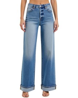 Modenaire Wide-leg Button-fly Cuffed Patch Pocket Jeans - Blue