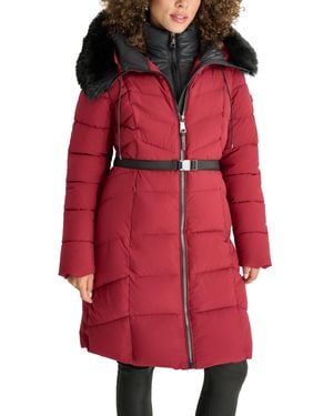 DKNY Bibbed Faux-fur-trim Hooded Puffer Coat - Red