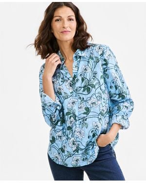 Style & Co. Printed Jacquard Popover Long-sleeve Blouse - Blue