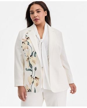 Anne Klein Plus Size Floral-print One-button Blazer - White