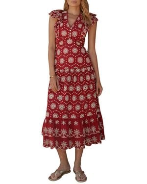 Mint Velvet Cotton Broderie Drop Waist Midi Dress - Red
