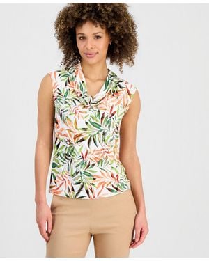 Kasper Printed Sleeveless Cowl-neck Top - White