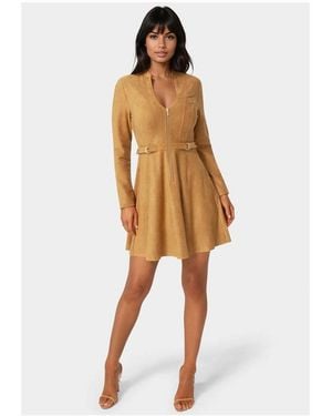 Bebe Fit And Flare Long Sleeve Suede Mini Dress - Natural