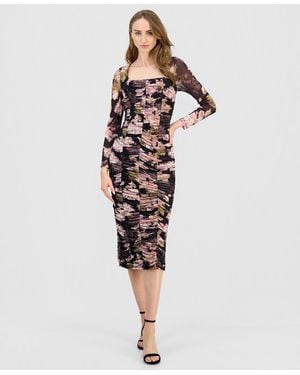 Anne Klein Square-neck Ruched Midi Dress - Red