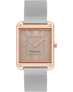 Nine West Quartz Rectangular Silver-tone Stainless Steel Mesh Band Watch - Gray