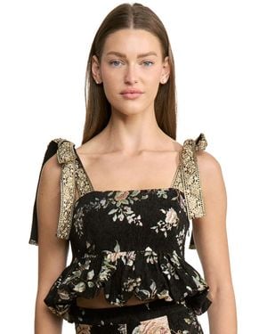 En Saison Jasmine Floral-print Square Neck Crop Tank Top - Black