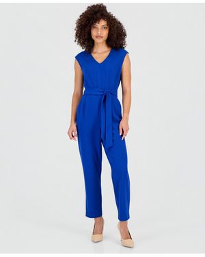 Anne Klein Essentials Petite Belted V-neck Jumpsuit - Blue