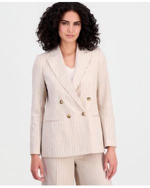 Tahari Pinstriped Double-breasted Linen Blend Blazer - White