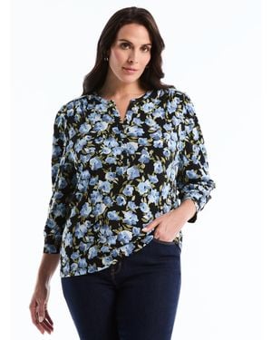 Rafaella Plus Size Floral Print Shirred 3/4-length Sleeve Top - Blue