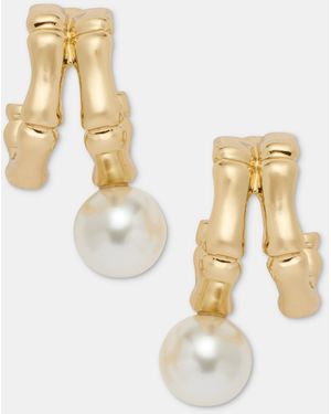 Anne Klein Gold-tone Two-row Bamboo Imitation Pearl Drop huggie Earrings - Metallic