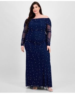 B Darlin Trendy Plus Size Off-the-shoulder Pearl Gown - Blue