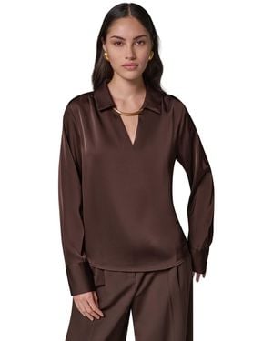 Donna Karan Long-sleeve Satin V-neck Collared Blouse - Brown