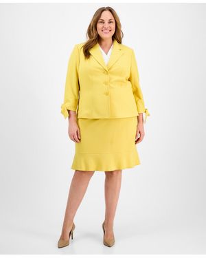 Le Suit Plus Size Three-button Tie-cuff Jacket & Flounce-hem Skirt Set - Yellow